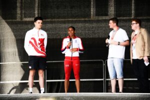 Elliot Clogg and Laura Samuel on stage during the 2019 opening ceremony